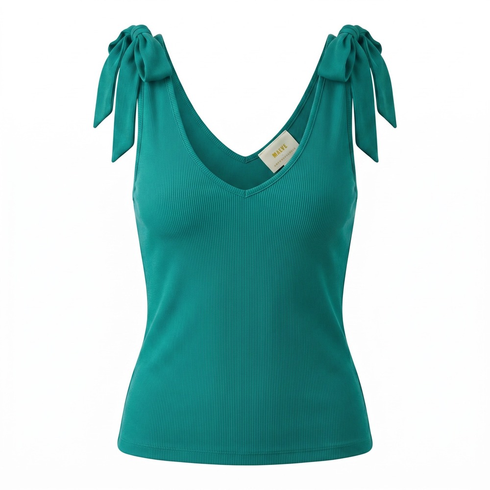Maeve Anthropologie Tank Top Medium Teal Tie Shoulder Ribbed Knit Coquette